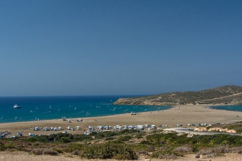 Click to Enlarge - The view of Prasonisi from behind Procenter Christof Kirschner (bottom left). To the right is the wave beach and to the left the flat water bay, with separate windsurfing and kitesurfing zones.