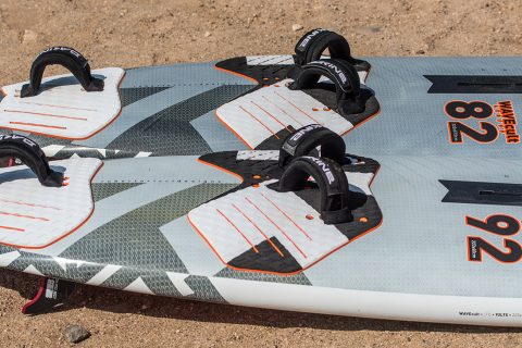 At 90 kg Jem uses a 92/94 wave board the most, and for the windier days he needs an 82. Having two boards from the same range means they will feel similar, and only differ in size’