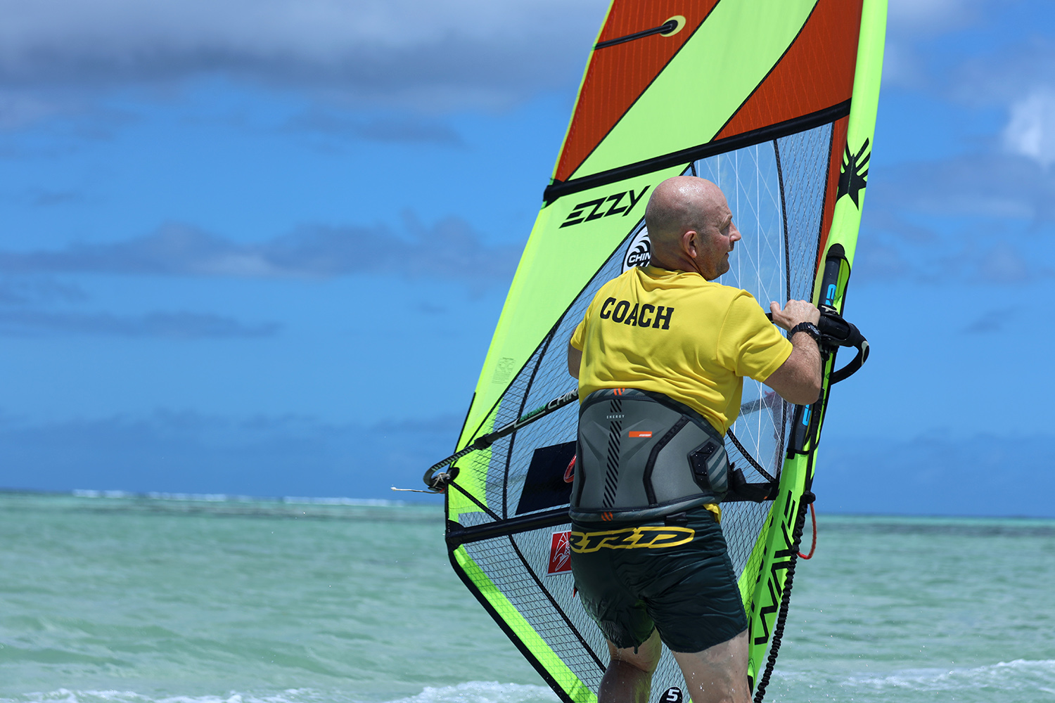 Head switches to see new direction to assist throwing rig forward to catch the wind and steer out as feet are stepping back.