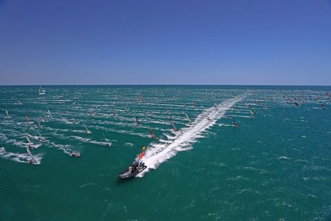 Francky on the start boat for the rabbit start at the Defi!
