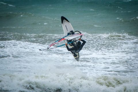 Windsurfers enjoying the yellow weather warning issued today (Wednesday) at Downderry beach in Cornwall: Photo: Matt Keeble