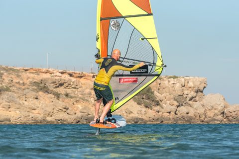 A lot of areas need work in this shot. I need to look out of the turn to get the rig to the outside, so my hips can go to the inside, and my back foot is simply not far enough across to keep the carving going through and out of the gybe!