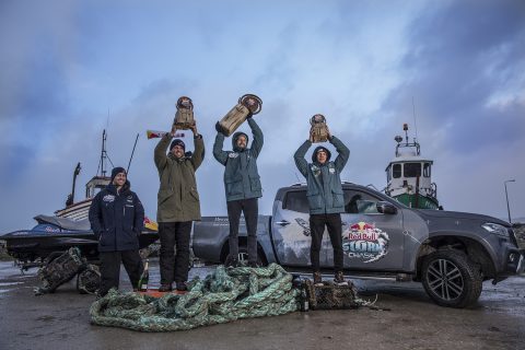 (L-R) Robby Swift (GBR), Philip Koester (GER), Jaeger Stone (AUS), Leon Jamaer (GER) seen at the award ceremony at the Red Bull Storm Chase in Magheroarty, Ireland on March 12, 2019.