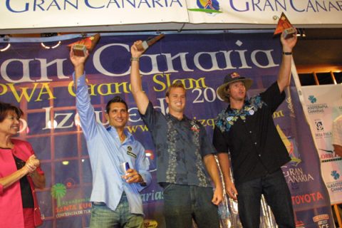 On the podium in Pozo with Kevin Pritchard and Bjorn Dunkerbeck
